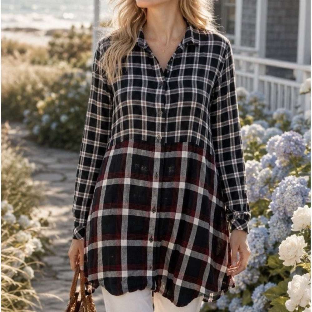 J. Jill Black White Plaid Mixed Print Button Down Tunic Top Sz L Comfy Fall Boho